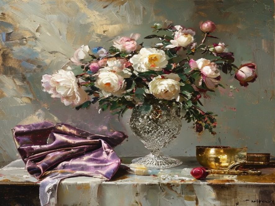 Oil painting of an opulent still-life of interior-design materials