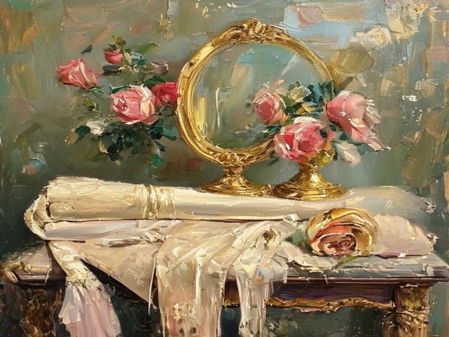 Oil painting of a lavish still-life of rolled fabric bolts, a gilded hand mirror, tassels, and roses on an antique console