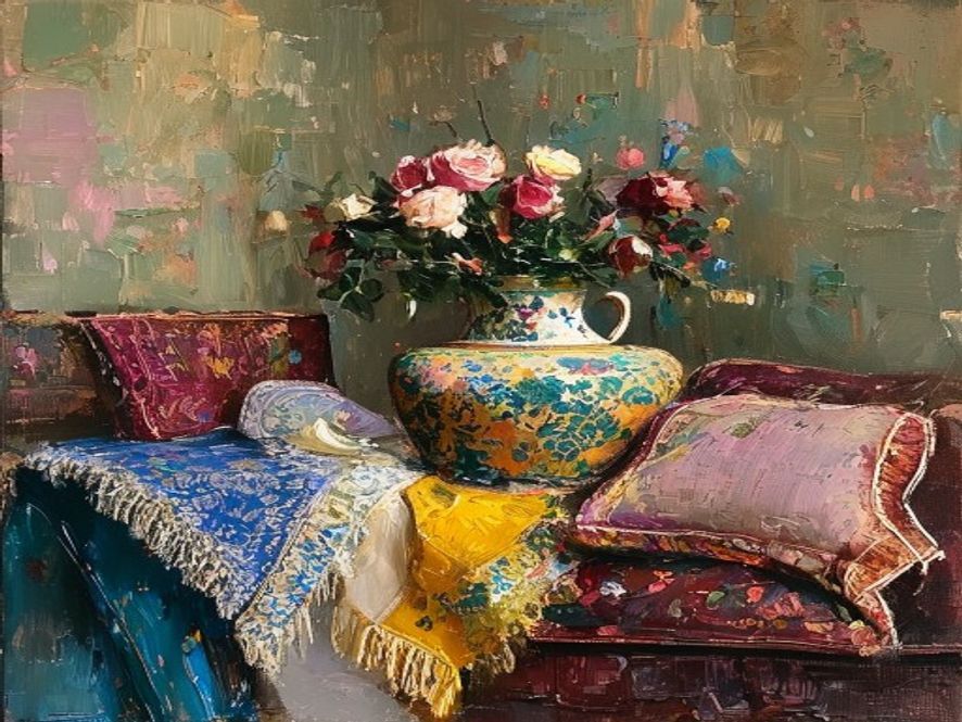 Oil painting of a still-life of luxurious layered textiles