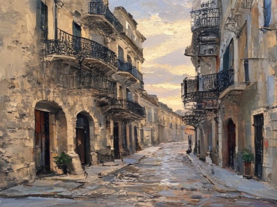 Oil painting of an old-world city street of grand stone facades and wrought-iron balconies at dawn
