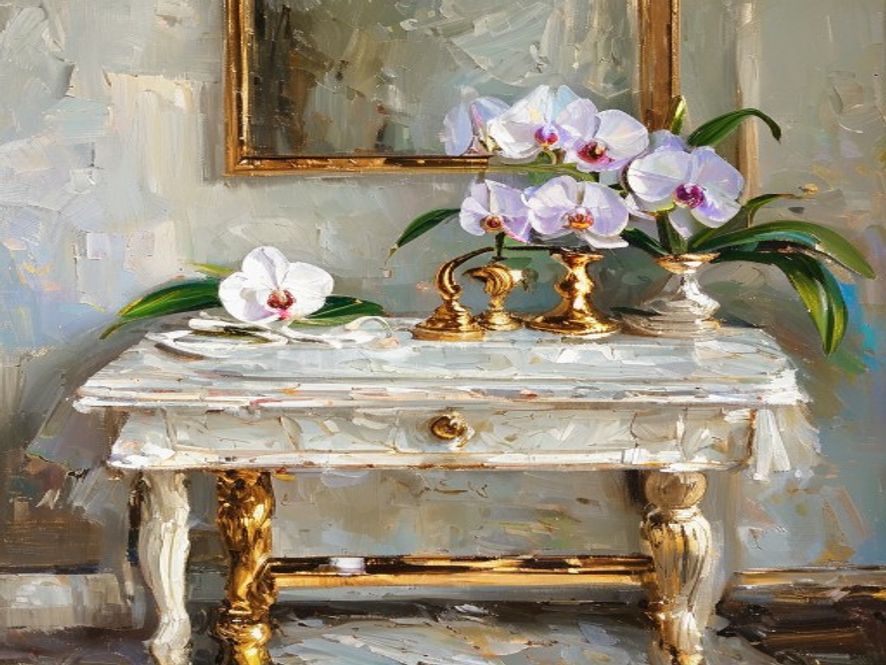 Oil painting of a luxurious marble washstand vignette