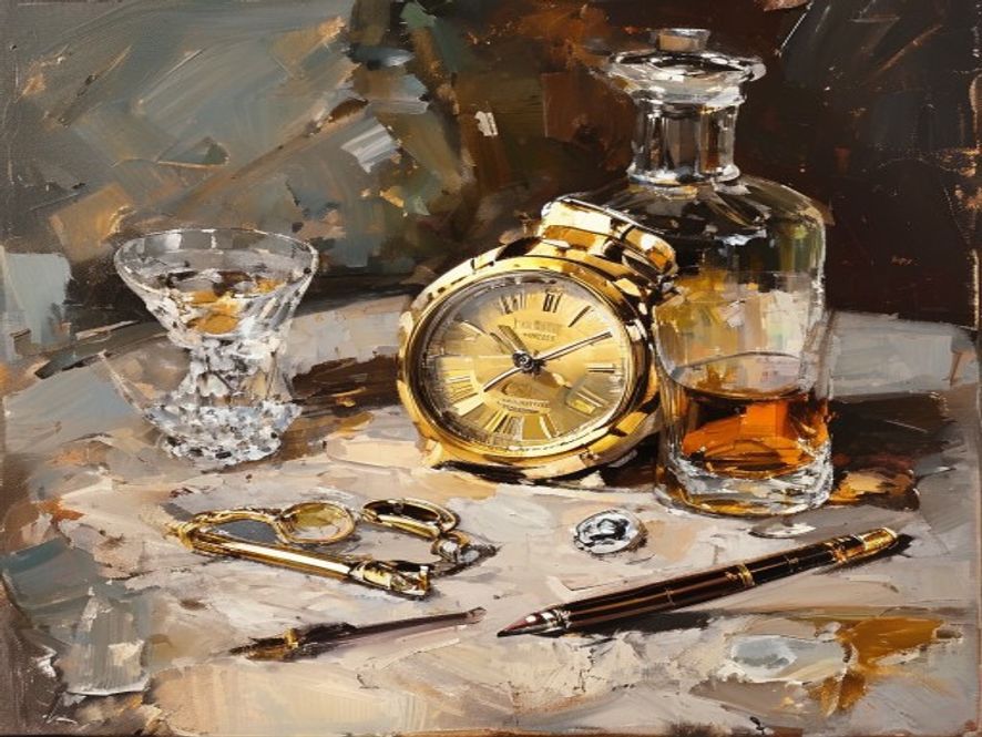 Oil painting of a sophisticated still-life of a gold watch, cufflinks, a fountain pen, and a crystal decanter of whisky
