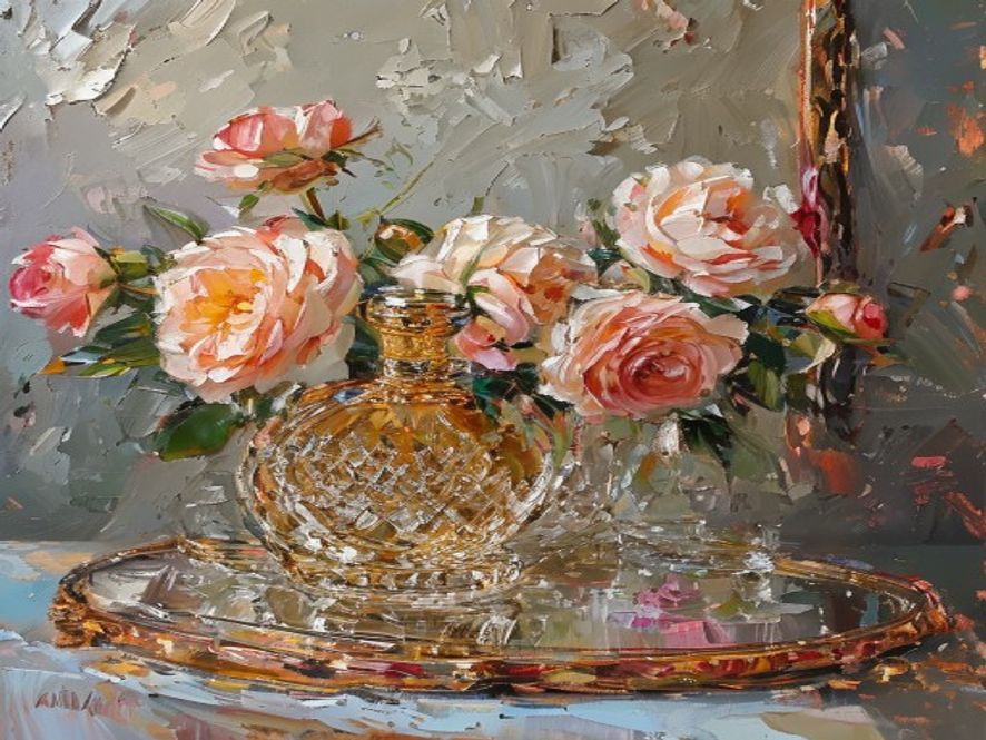 Oil painting of an opulent still-life of blooming roses, a gilded mirror, and a cut-crystal perfume flacon on a mirrored tray