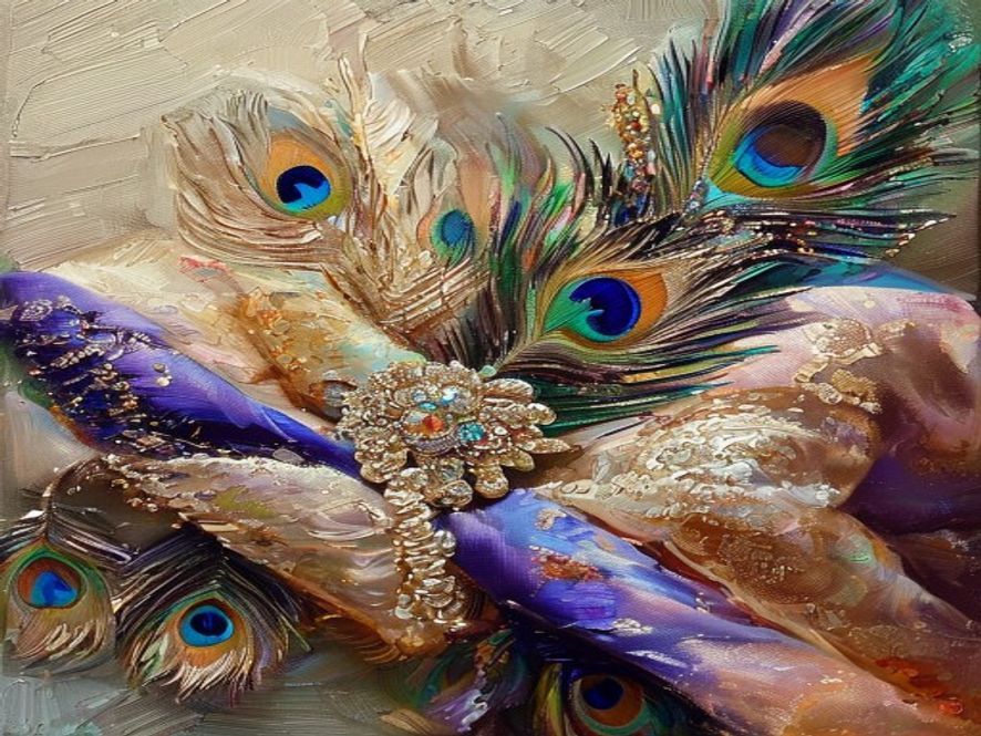 Oil painting of a rich still-life of exotic folded silks, a jeweled brooch, and peacock feathers in jewel-toned light